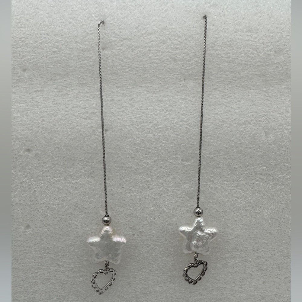 Sterling Silver threader real pearl Star shaped earrings